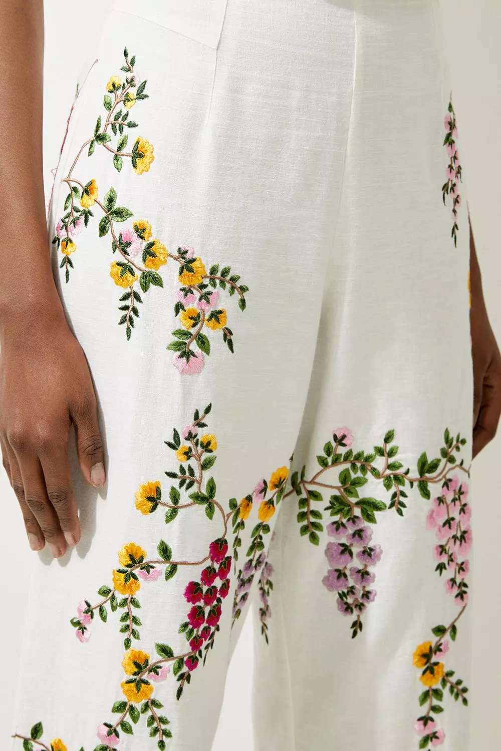 Floral Embroidered Cotton Linen Woven Wide Leg Pants | Karen