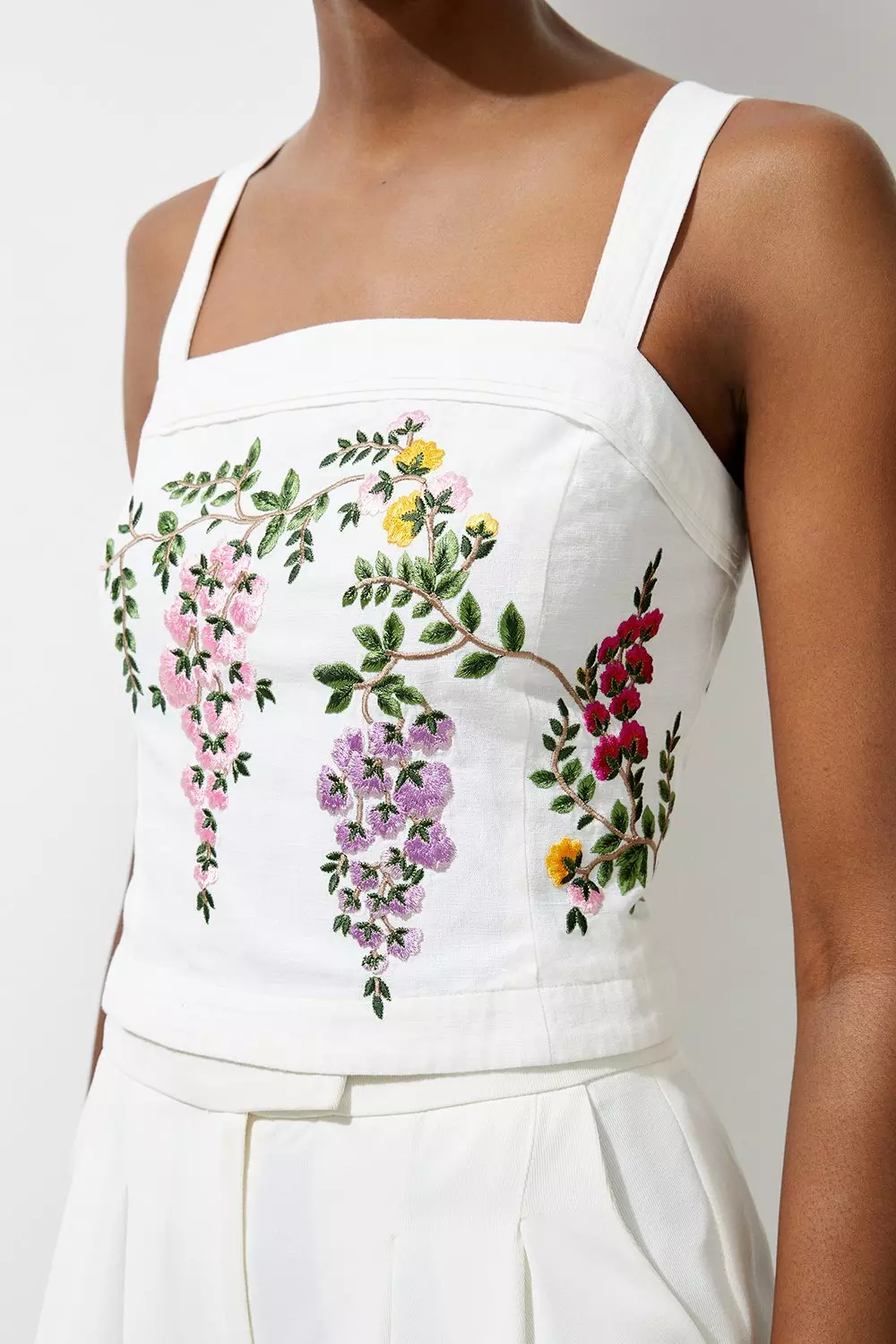 Floral Embroidered Cotton Linen Woven Strappy Top | Karen Millen