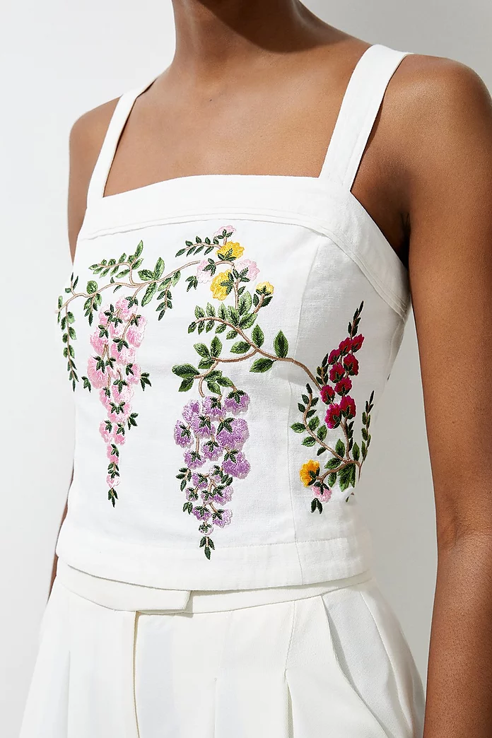 Floral Embroidered Cotton Linen Woven Strappy Top | Karen Millen Floral Embroidered Cotton Linen Woven Strappy Top | Karen Millen