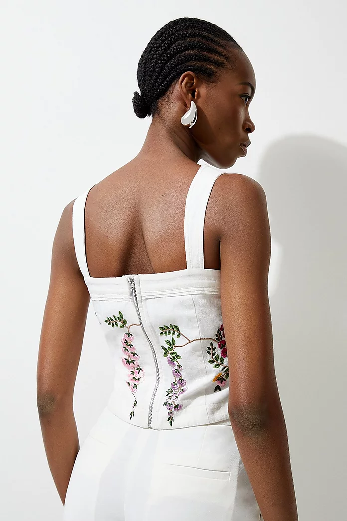 Floral Embroidered Cotton Linen Woven Strappy Top | Karen Millen Floral Embroidered Cotton Linen Woven Strappy Top | Karen Millen