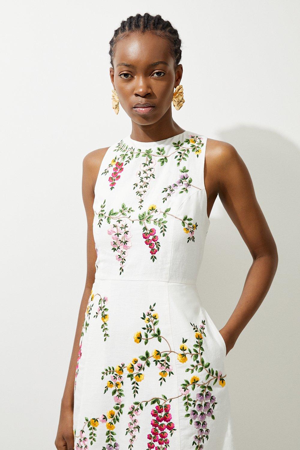 Floral Embroidered Cotton Linen Woven Mini Dress | Karen Millen