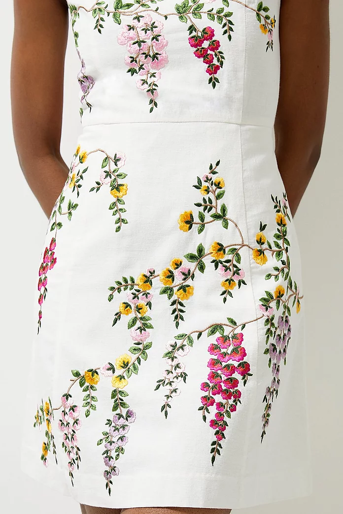 Floral Embroidered Cotton Linen Woven Mini Dress | Karen Millen Floral Embroidered Cotton Linen Woven Mini Dress | Karen Millen