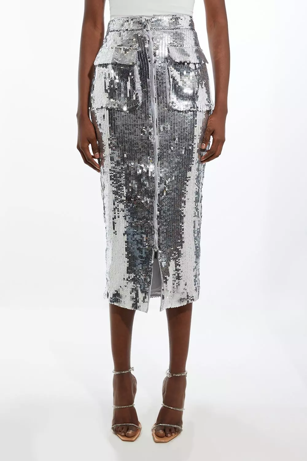 Sequin Cargo Pocket Woven Midi Skirt | Karen Millen