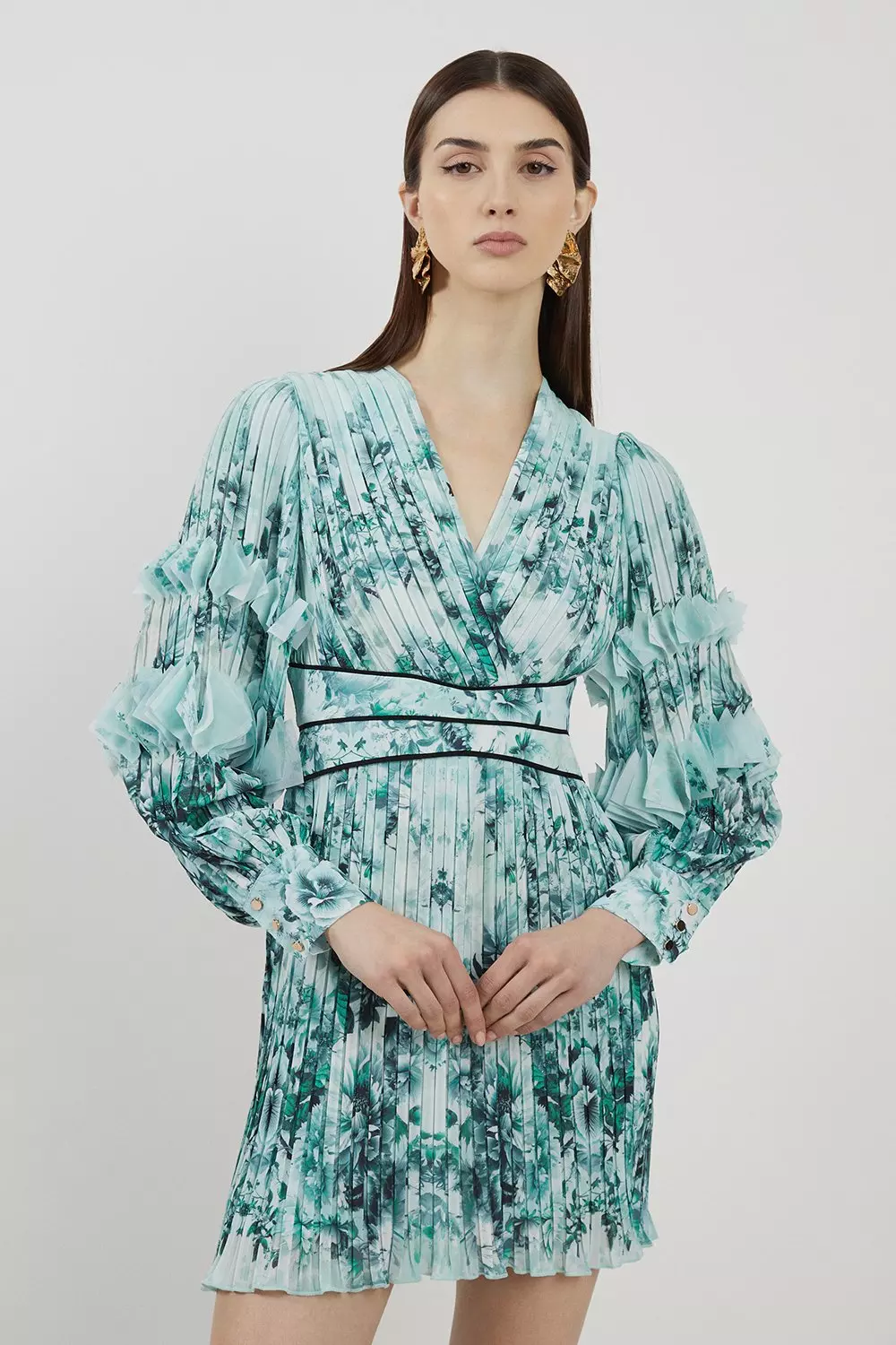 Blue Cinched Waist Romantic Floral Dress