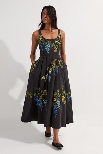 Floral Embroidered Cotton Linen Woven Prom Dress black