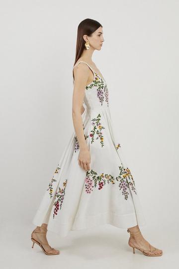 Multi Floral Embroidered Cotton Canvas Woven Prom Dress