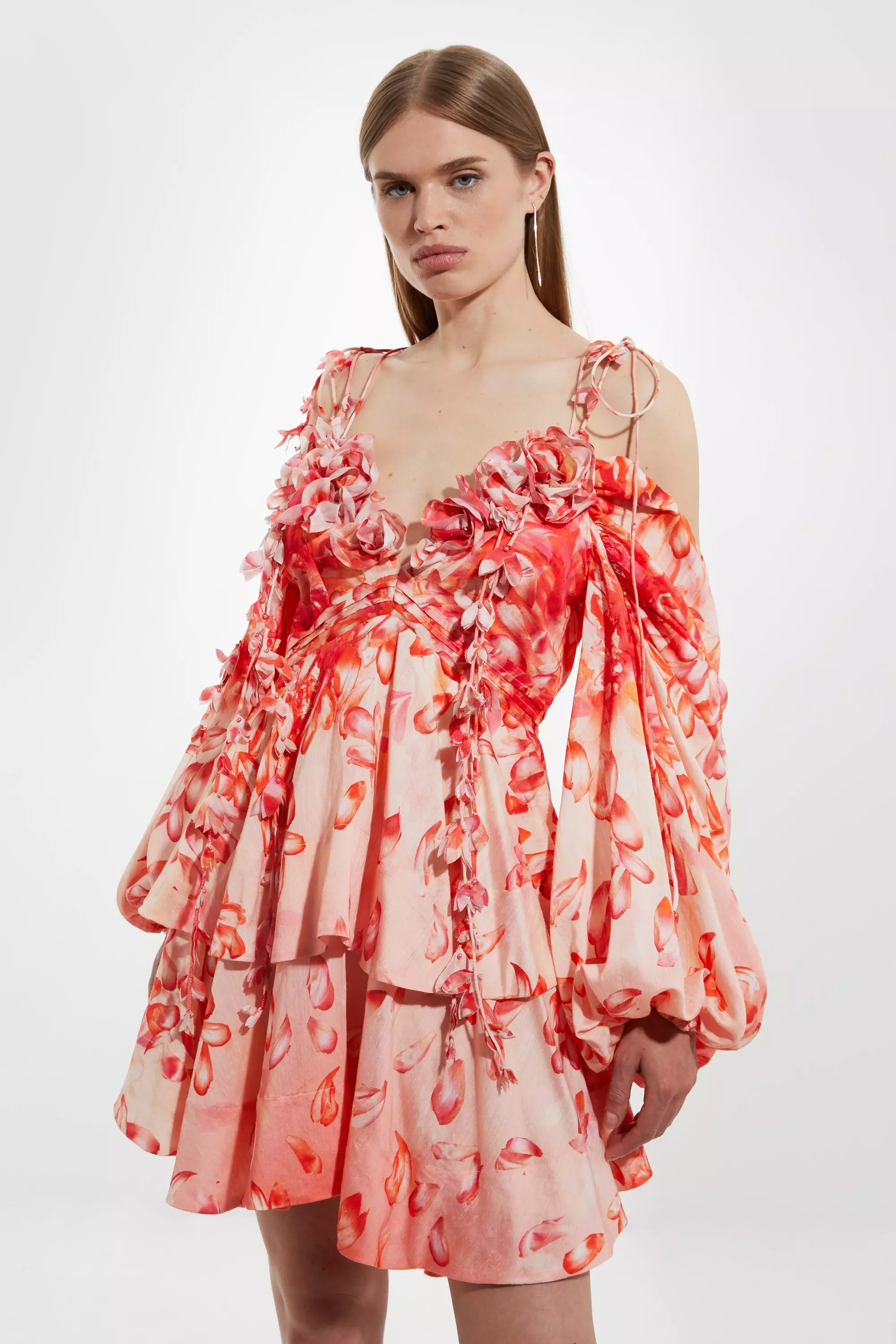 Red Petite Floral Applique Woven Cold Shoulder Woven Mini Dress alternative image