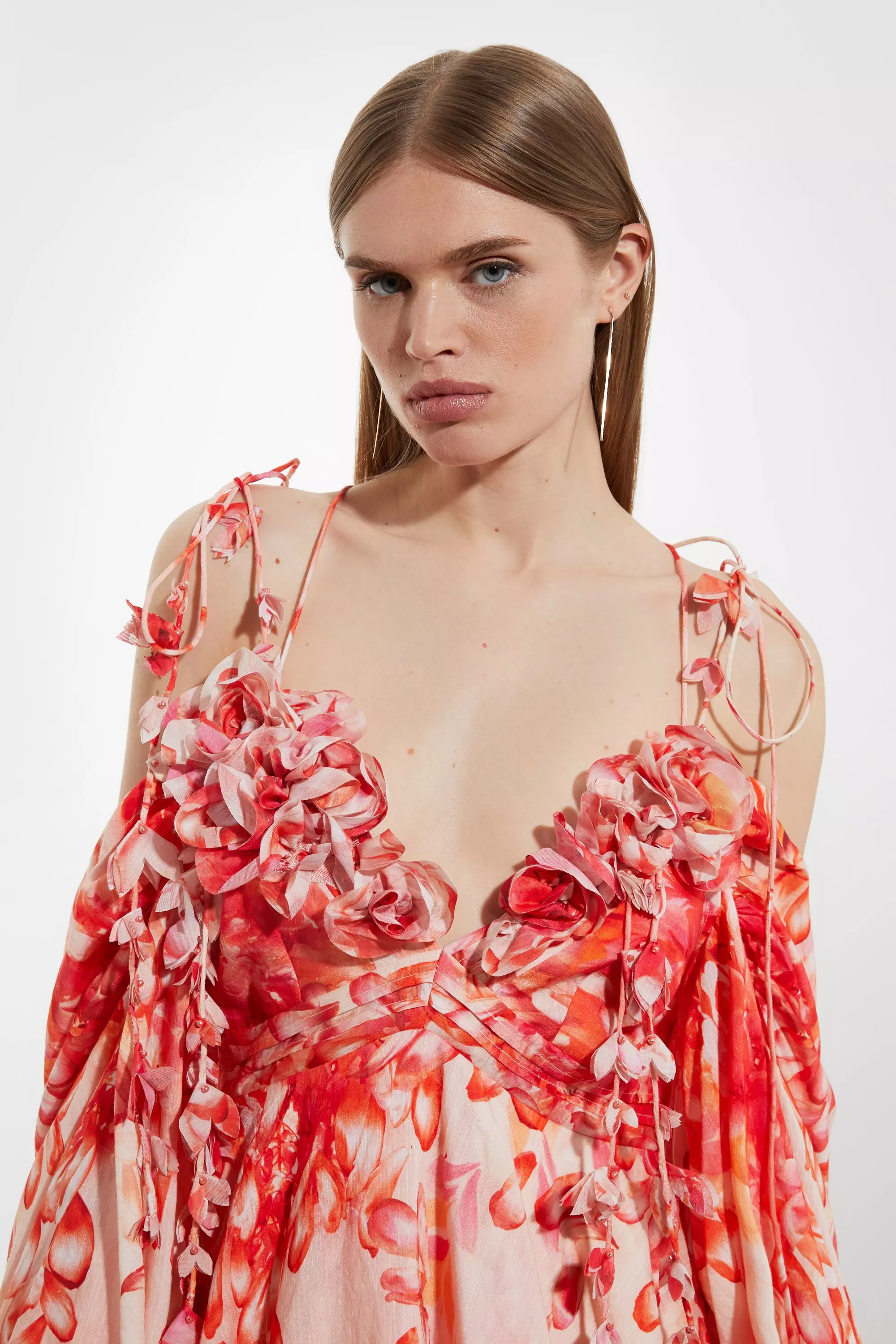 Red Petite Floral Applique Woven Cold Shoulder Woven Mini Dress alternative image