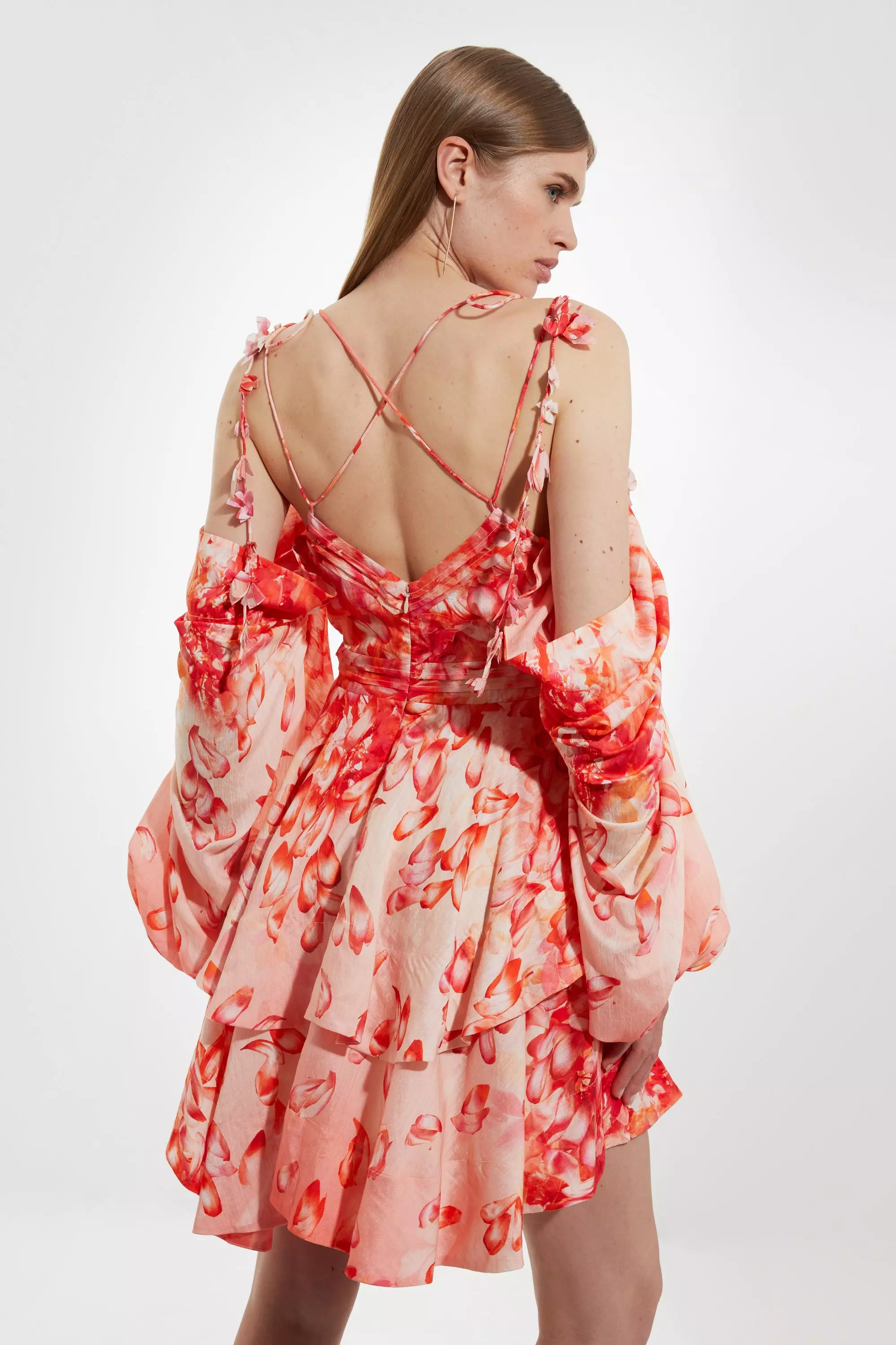 Red Petite Floral Applique Woven Cold Shoulder Woven Mini Dress alternative image