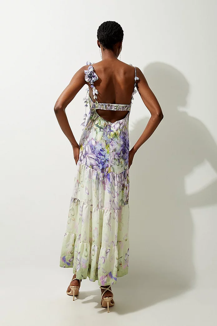 Floral Applique Woven Strappy Woven Maxi Dress | Karen Millen Floral Applique Woven Strappy Woven Maxi Dress | Karen Millen