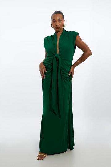 Green Plus Size Plunge Ruched Twist Jersey Maxi Dress