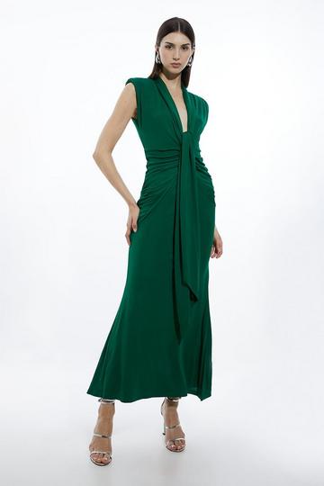 Plunge Ruched Twist Jersey Maxi Dress green