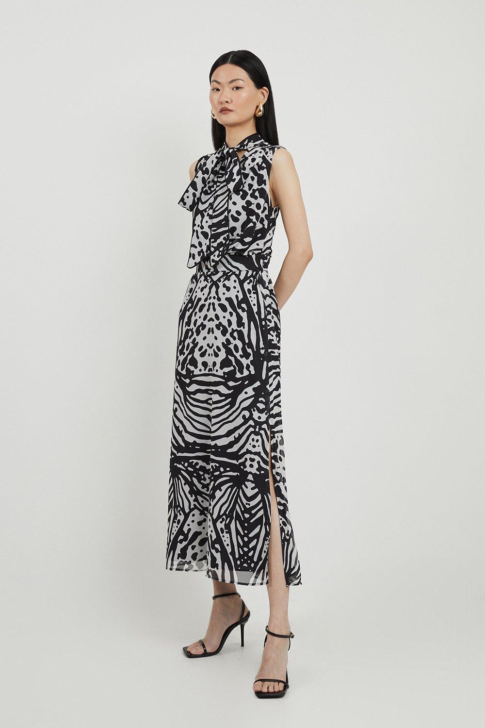 Petite Animal Print Georgette Woven Tie Neck Midi Dress Karen Millen