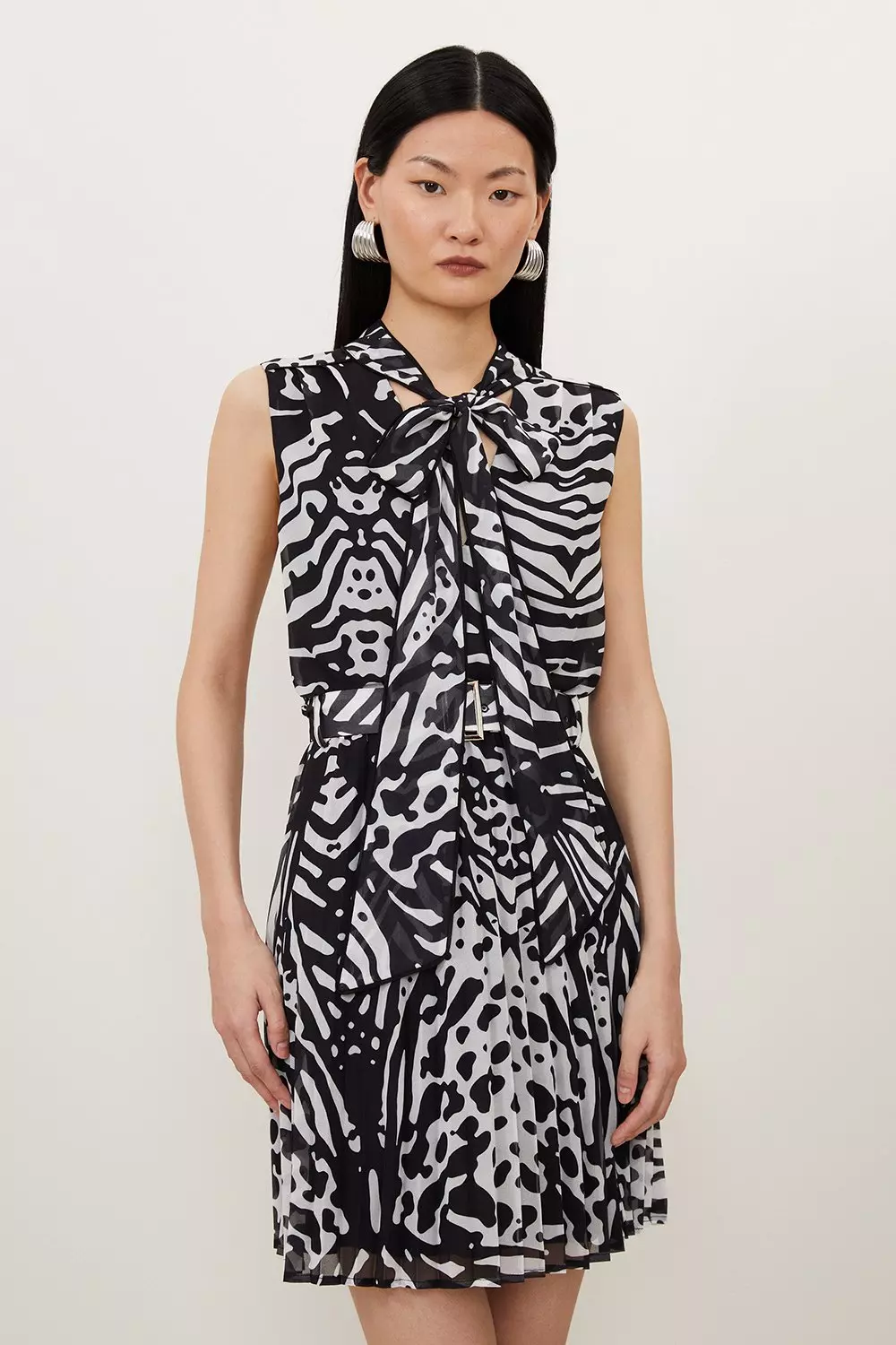 Black Animal Print Georgette Woven Tie Neck Mini Dress  alternative image