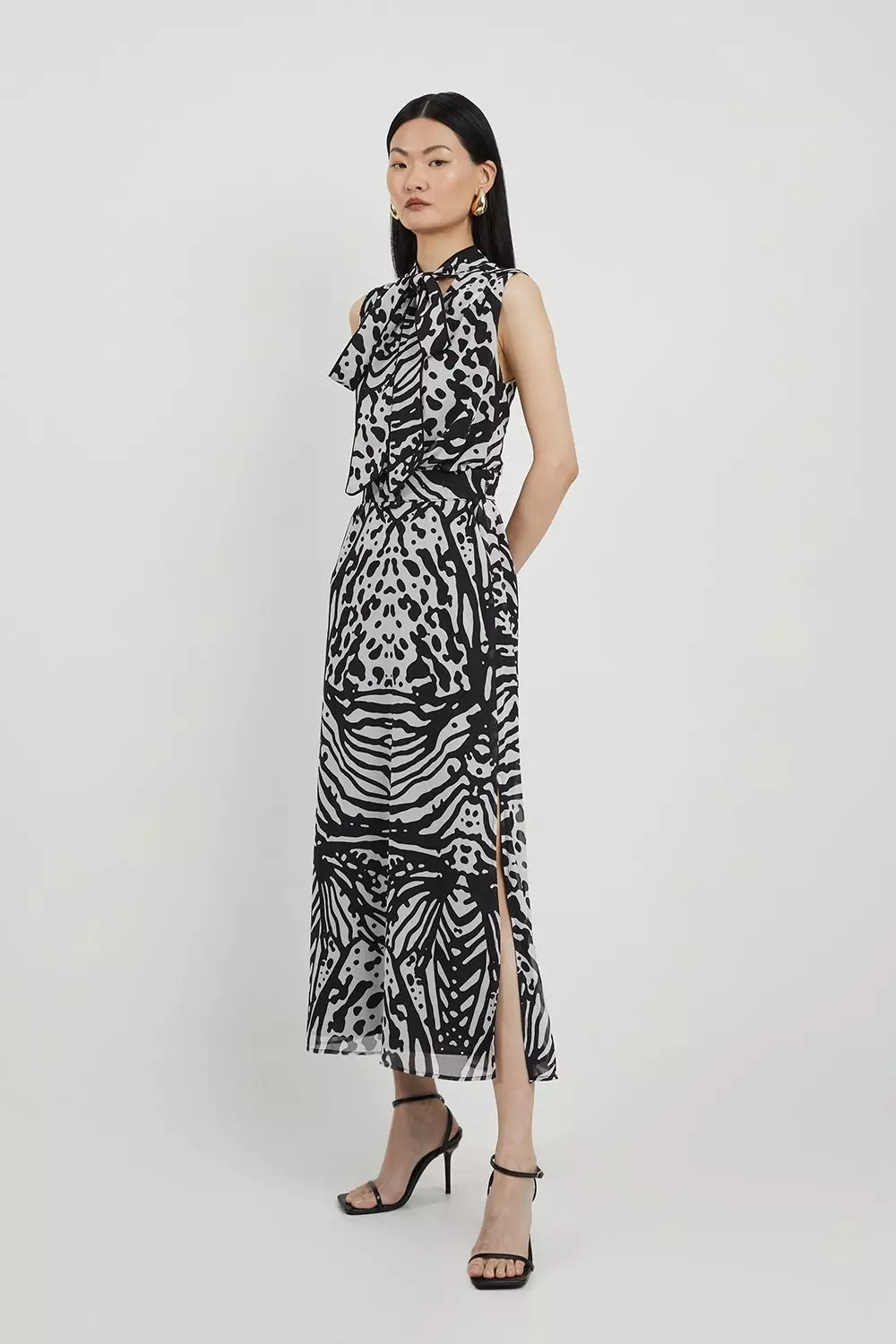 Animal Print Georgette Woven Tie Neck Midi Dress Karen Millen