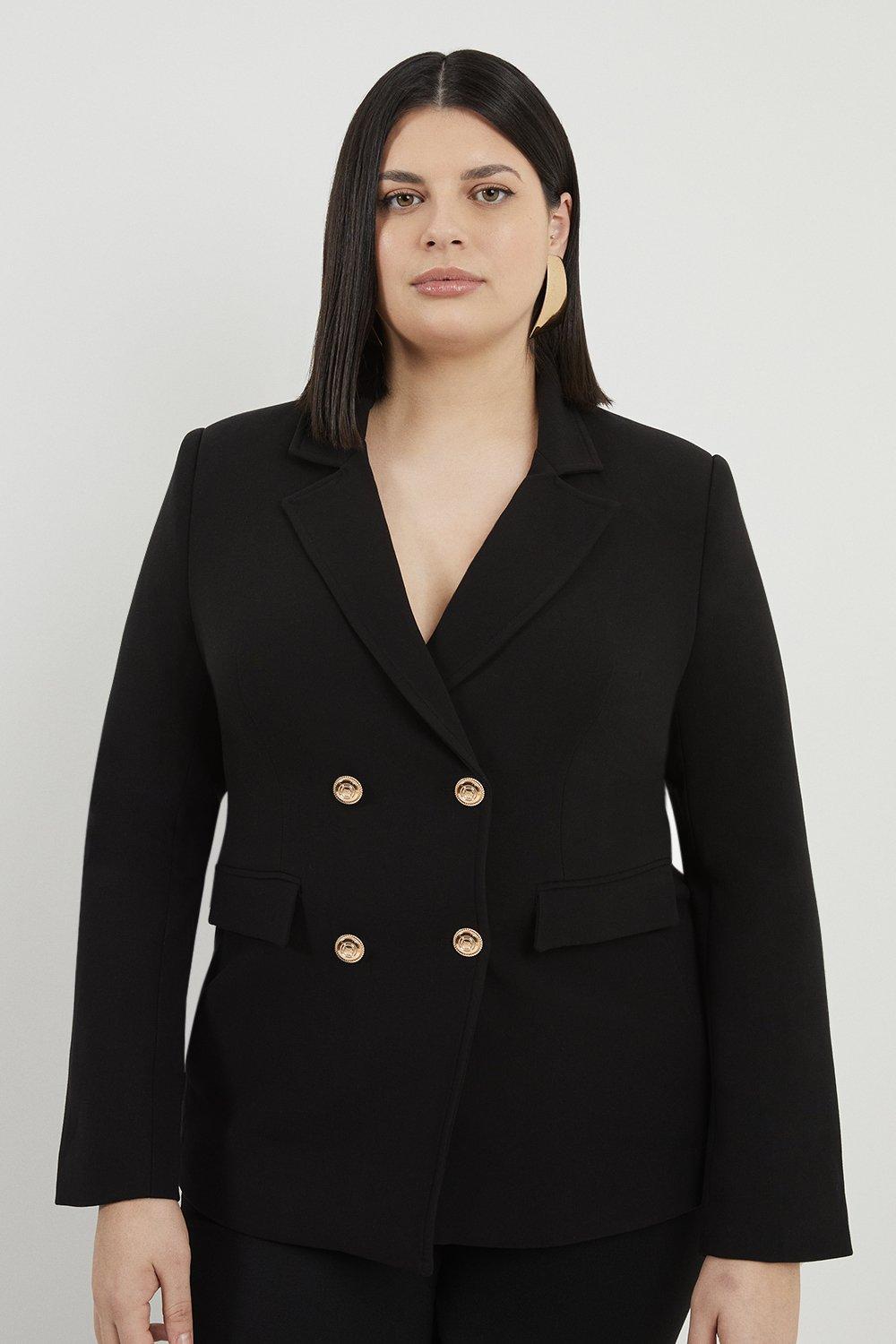 Black Plus Size Compact Stretch Essential Tailored Doubled Breasted Blazer