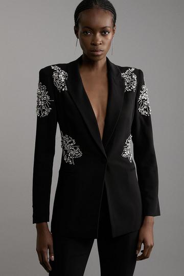 Crystal Embellished Tailored Single Breasted Longline Blazer black