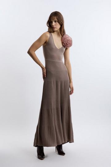 Grey Viscose Blend Knit Corsage Detail Maxi Dress