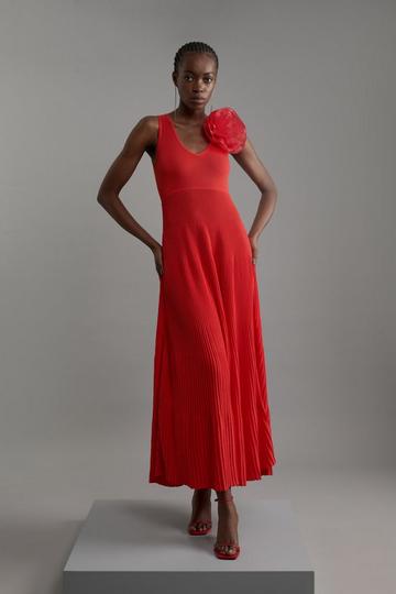 Red Viscose Blend Knit Corsage Detail Maxi Dress