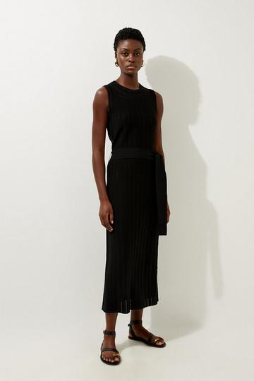 Black Viscose Blend Sheer Detail Belted Knit Midi Dress