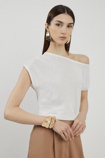 White Lightweight Viscose Blend Summer Knit Off The Shoulder Top