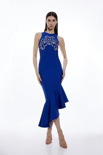 Cobalt Blue Figure Form Bandage Embellished Asymmetric Hem Knit Dress