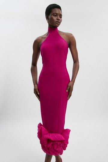 Figure Form Bandage Ruffle Hem Halter Knit Midi Dress magenta