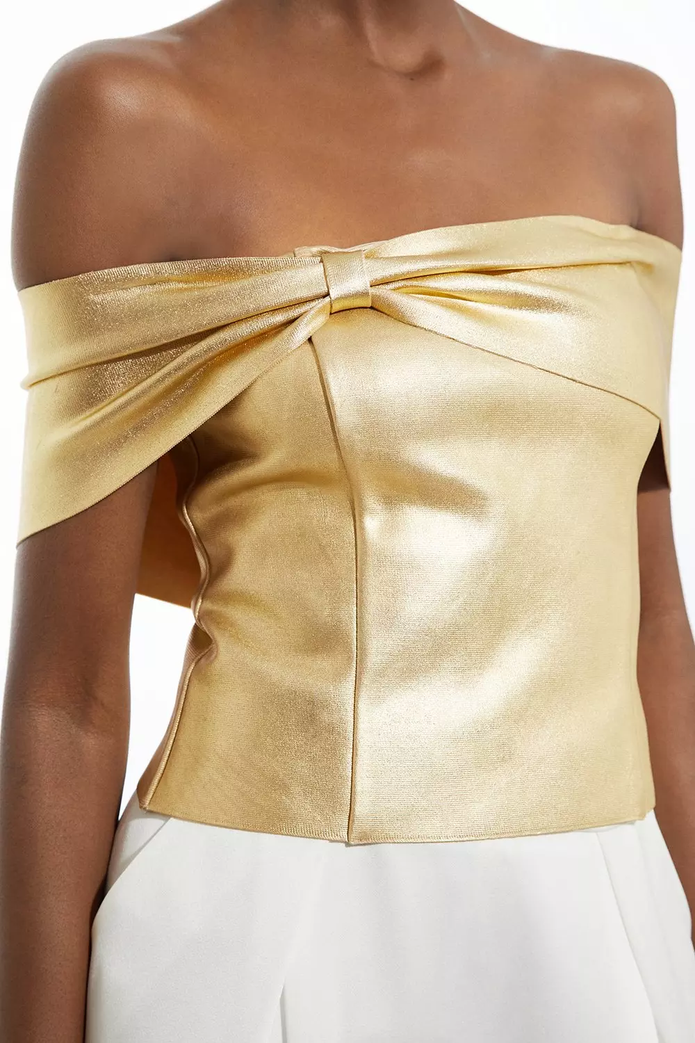 Gold Figure Form Metallic Foiled Bandage Knit Asymmetric Top alternative image