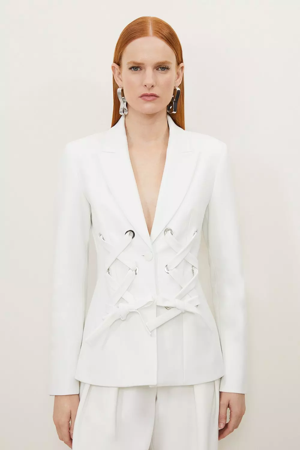 国内発・関税込!! KAREN MILLEN*テーラード ロングブレザー Compact Stretch Eyelet Detailed Ribbon Jacket | Karen Millen