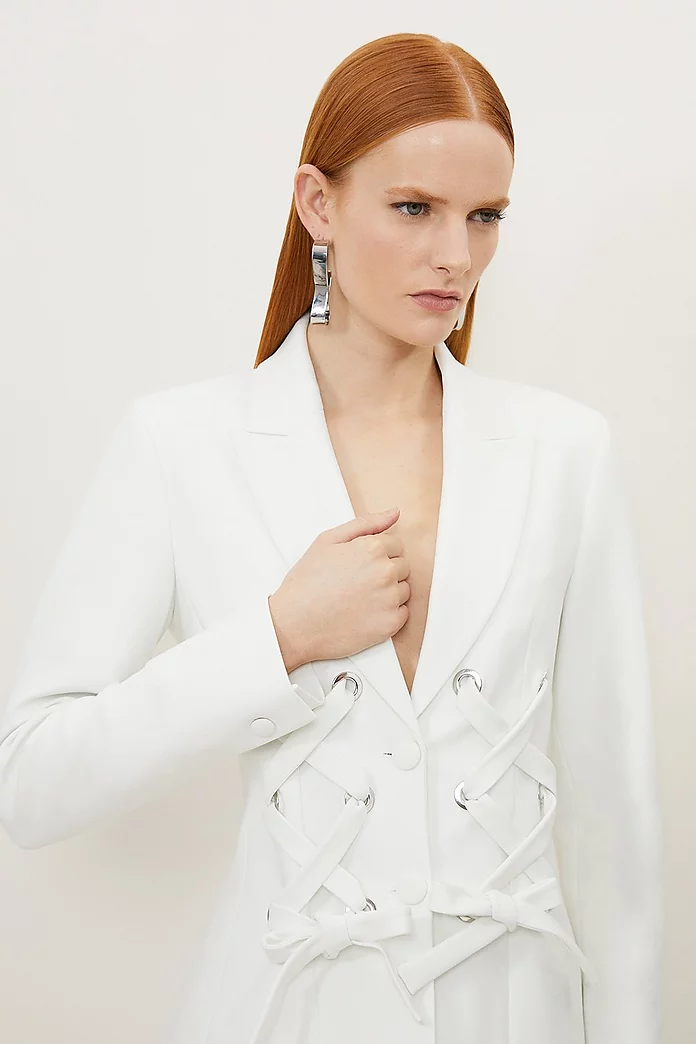 Compact Stretch Eyelet Detailed Ribbon Jacket | Karen Millen Compact Stretch Eyelet Detailed Ribbon Jacket | Karen Millen