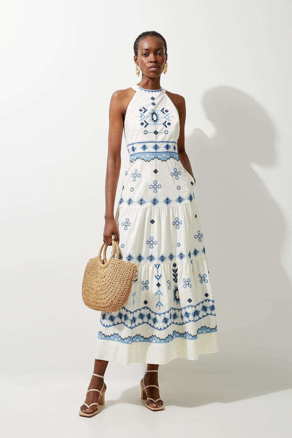 Cotton Embroidered Woven Halter Maxi Dress | Karen Millen