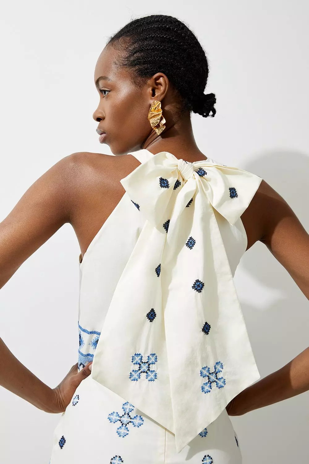 Cotton Embroidered Woven Halter Maxi Dress | Karen Millen