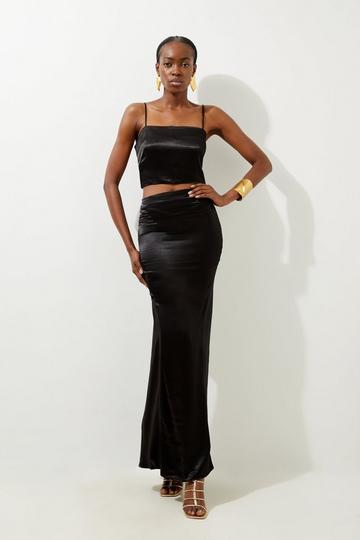 Black Viscose Satin Woven Top And Skirt Set