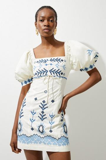 Blue Cotton Embroidered Puff Sleeve Woven Mini Dress