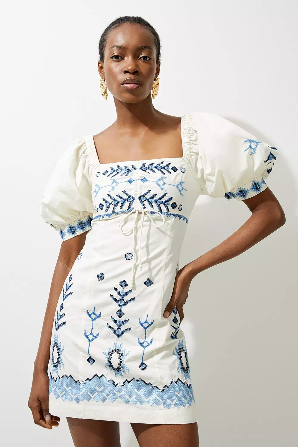 Cotton Embroidered Puff Sleeve Woven Mini Dress Karen Millen