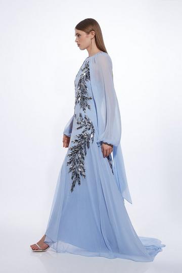 Blue Feather Embellished Woven Long Sleeve Maxi Dress