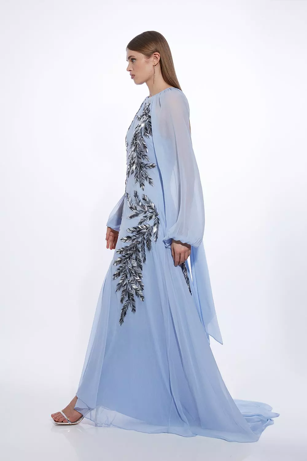 Blue Feather Embellished Woven Long Sleeve Maxi Dress   alternative image