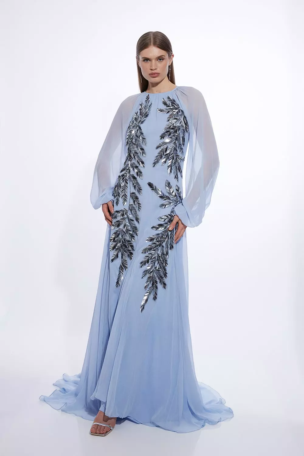 Blue Feather Embellished Woven Long Sleeve Maxi Dress   alternative image