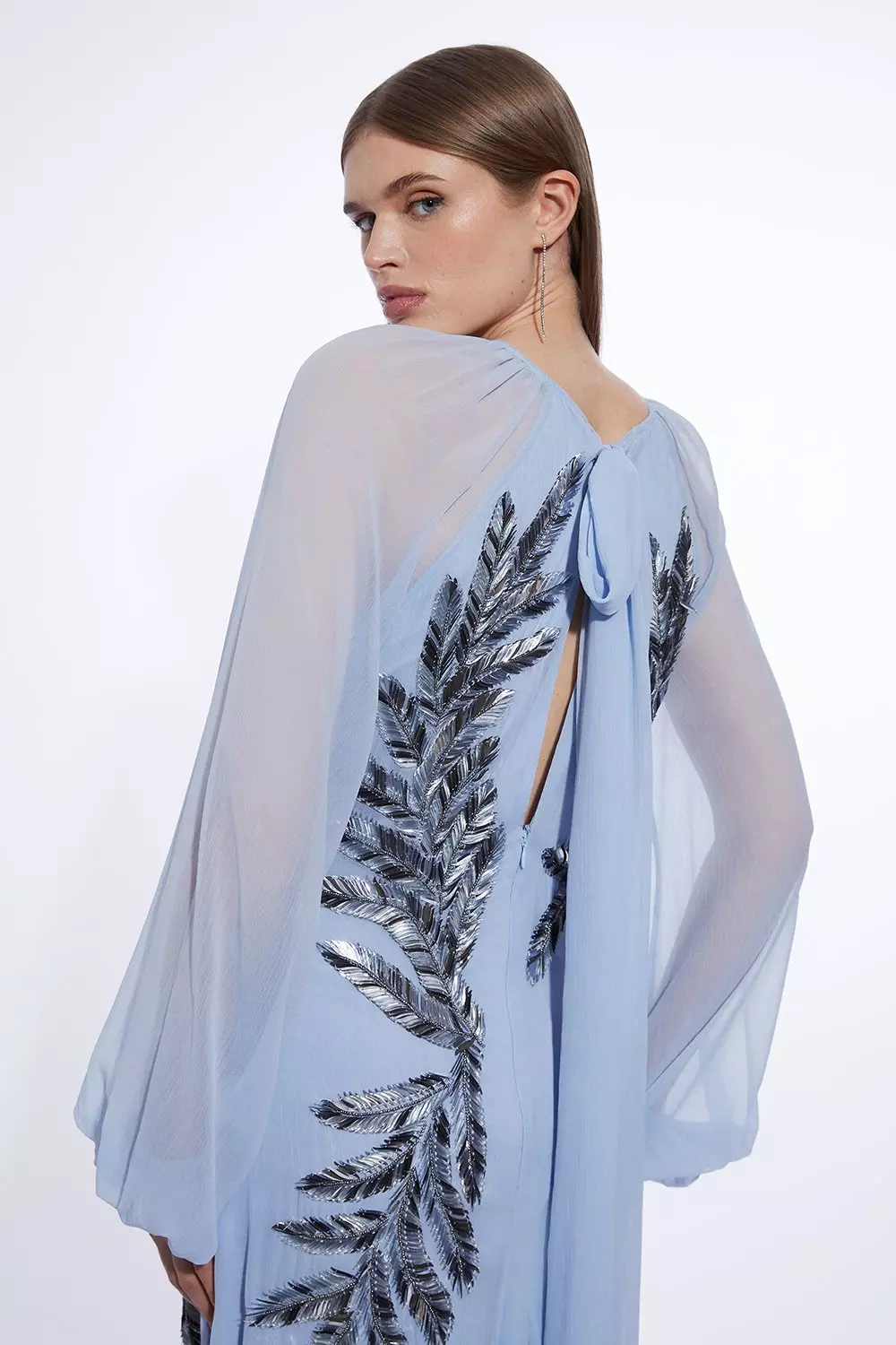Blue Feather Embellished Woven Long Sleeve Maxi Dress   alternative image