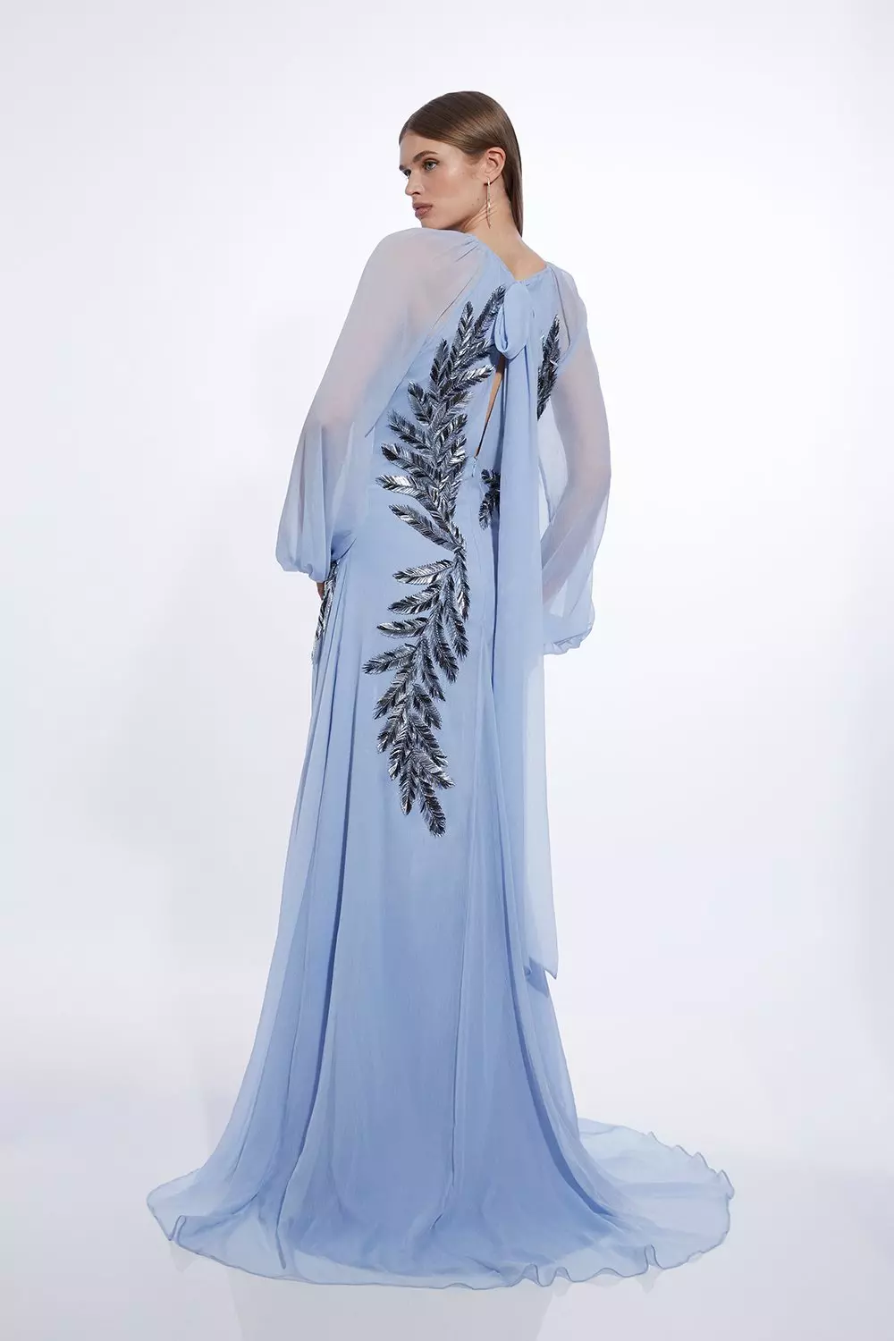 Blue Feather Embellished Woven Long Sleeve Maxi Dress   alternative image