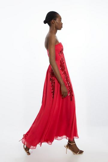 Feather Embellished Woven Halter Maxi Dress raspberry