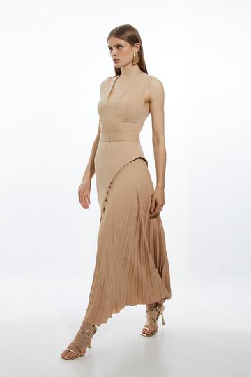 Soft Tailored Side Pleated Midi Dress camel