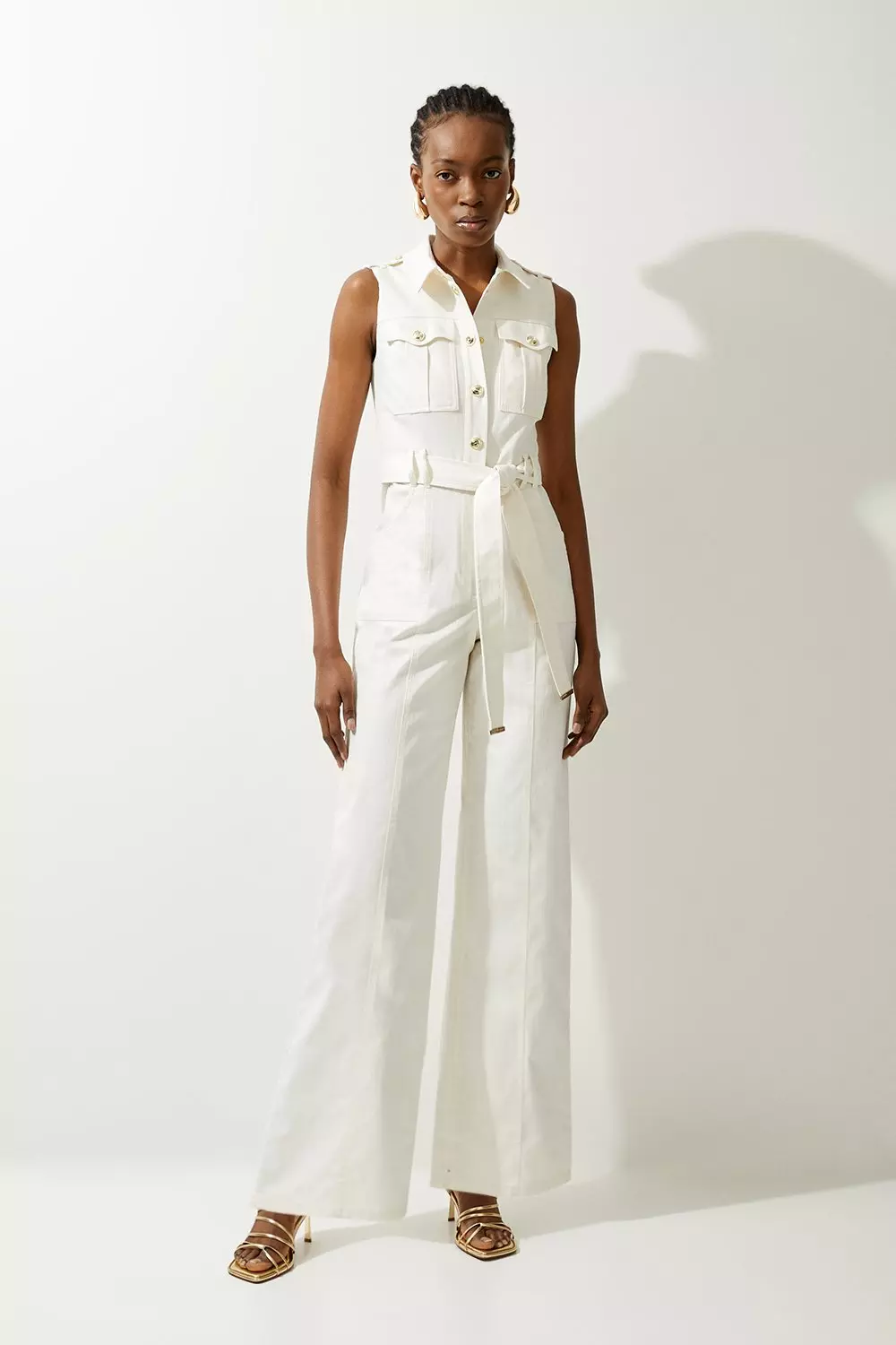 Ivory Tailored Denim Belted Shirt Wide Leg Jumpsuit alternative image