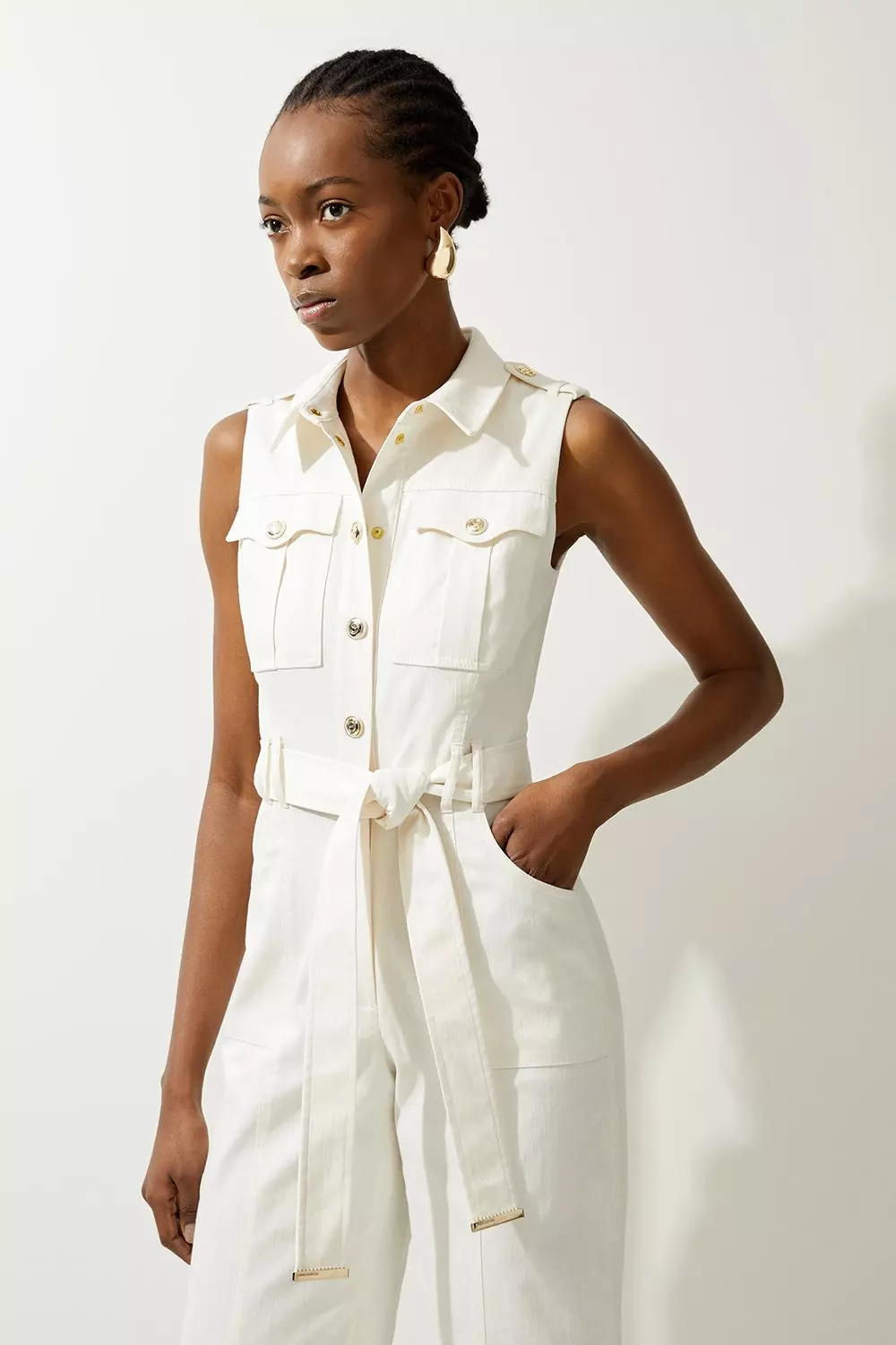 Ivory Tailored Denim Belted Shirt Wide Leg Jumpsuit alternative image
