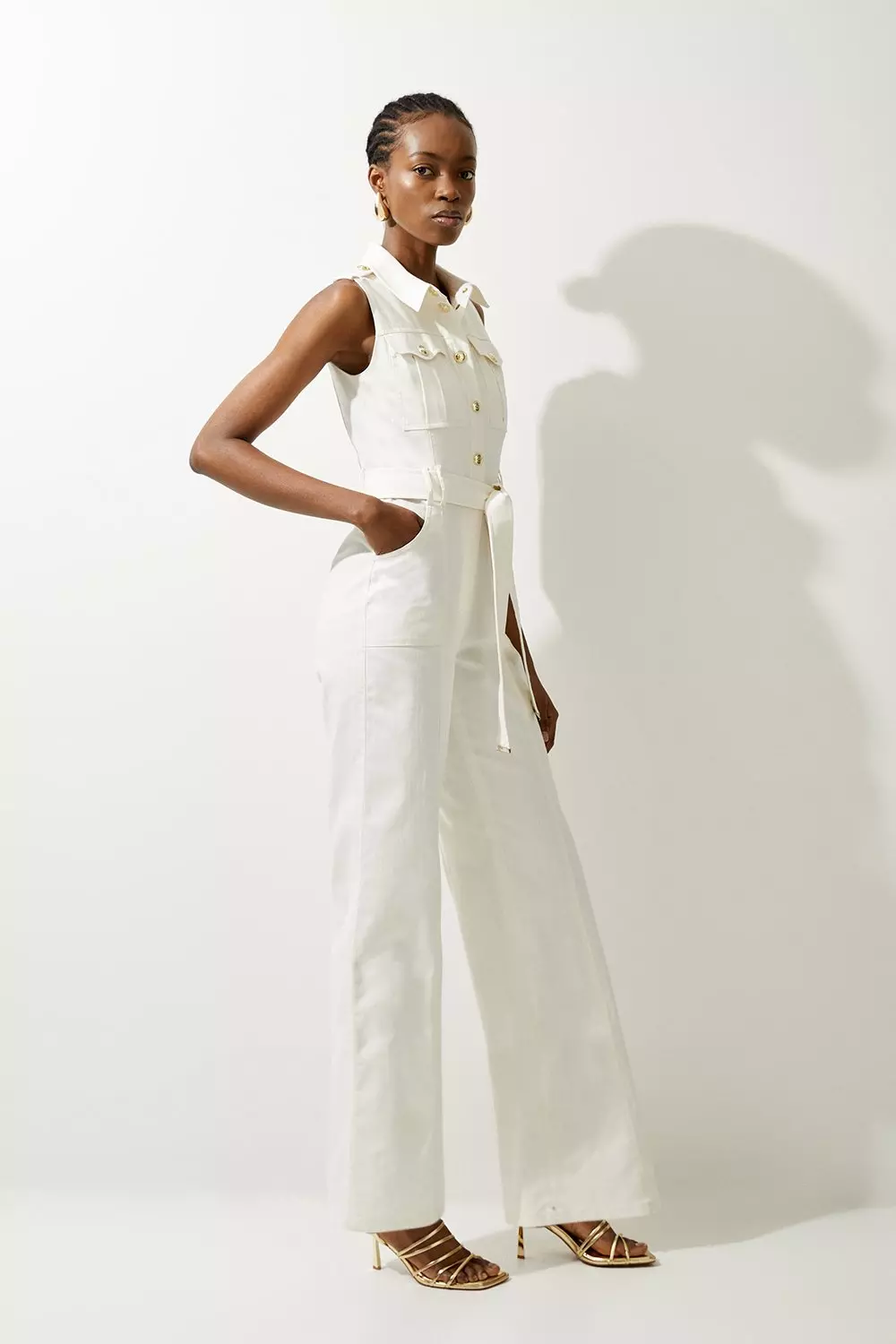 Ivory Tailored Denim Belted Shirt Wide Leg Jumpsuit alternative image