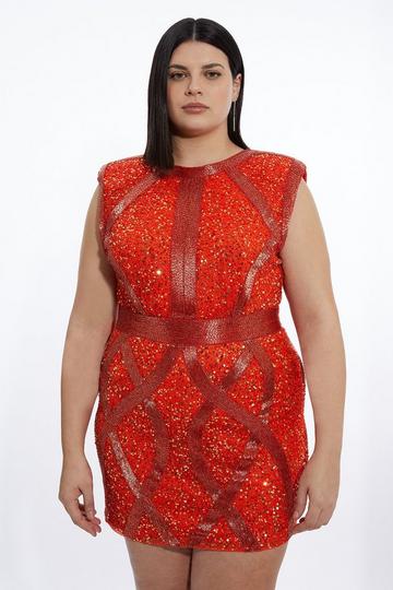 Plus Size Crystal Embellished Strong Shoulder Mini Dress orange