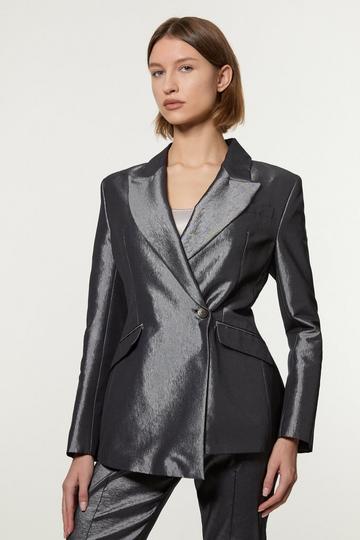 Fluid Tailored Metallic Asymmetric Wrap Blazer silver