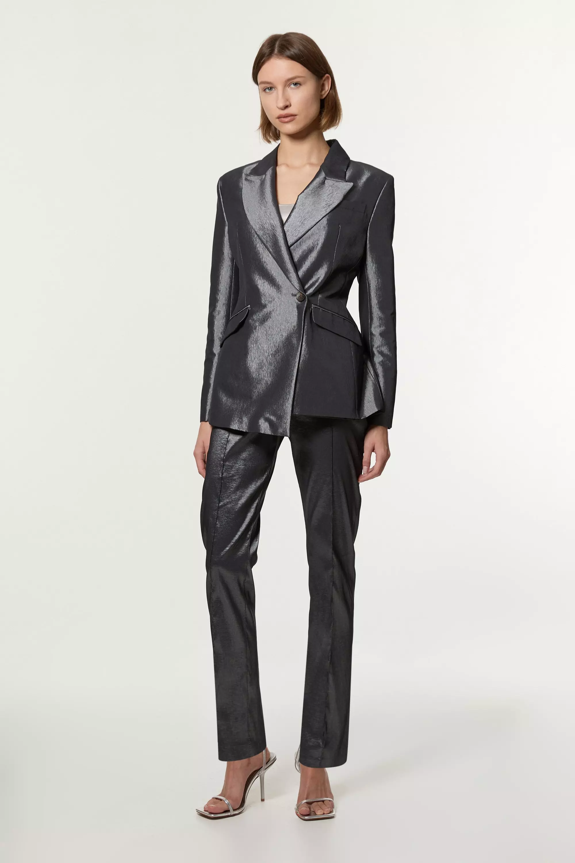 Silver Fluid Tailored Metallic Asymmetric Wrap Blazer alternative image