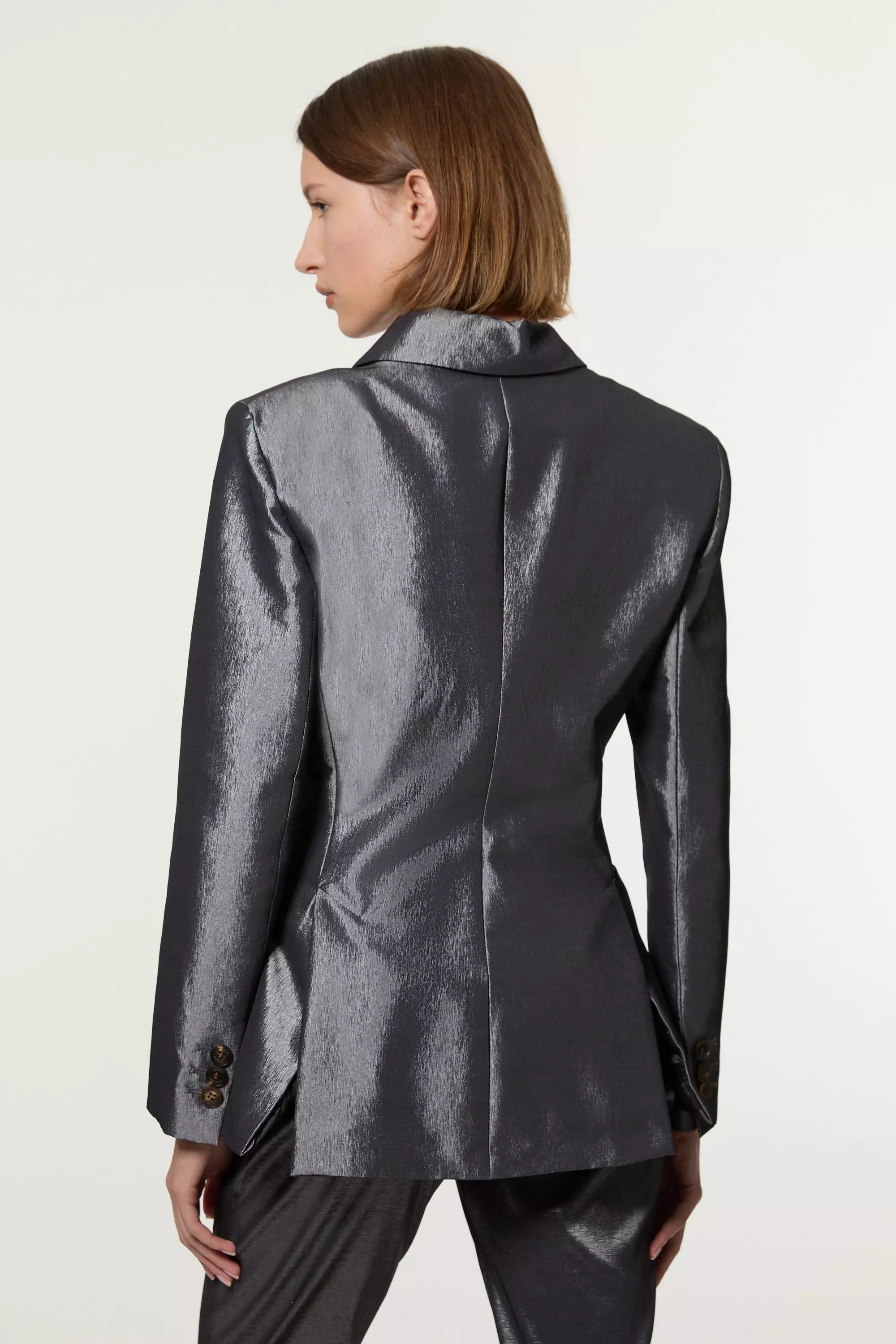 Silver Fluid Tailored Metallic Asymmetric Wrap Blazer alternative image