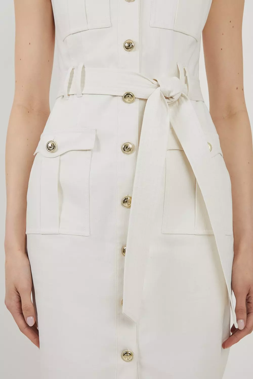 Tailored Denim Cargo Pocket Belted Midi Shirt Dress | Karen